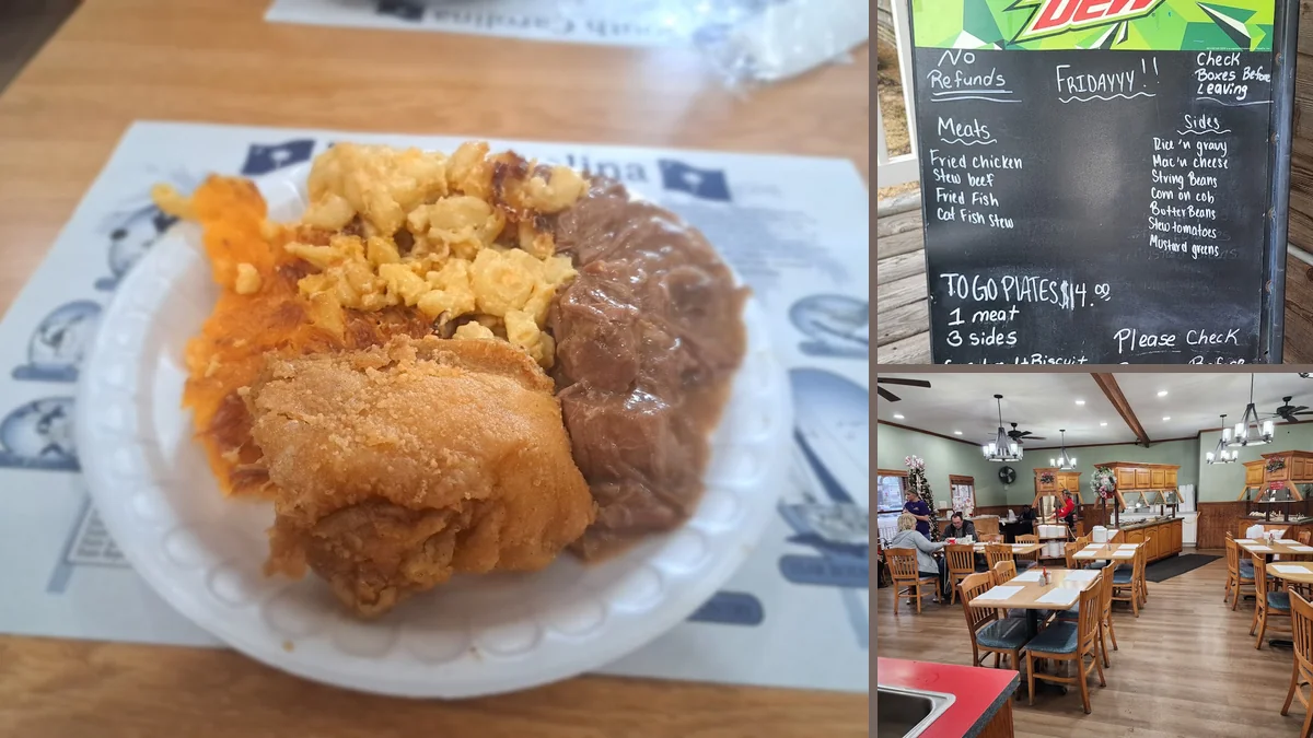Comfort food served with dessert and tea